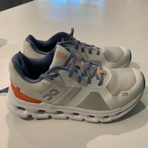 Women’s On Cloudrunner Athletic Shoes, Undyed White/Flame, Size 7